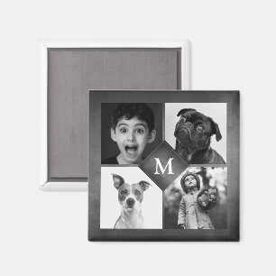 Imán Collage de 4 Fotos Familiares Monograma en Pizarra