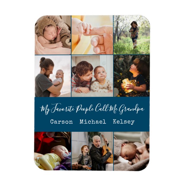 Imán Collage de fotos azul 9 moderno para el abuelo (Vertical)