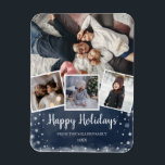 Imán Collage de fotos azul y copos de nieve<br><div class="desc">Una linda idea de regalo para tus seres queridos. ¡Un imán con tus fotos favoritas! Fácil de personalizar con tu apellido también.</div>