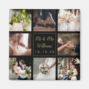 Imán Collage de fotos de boda en negro y dorado