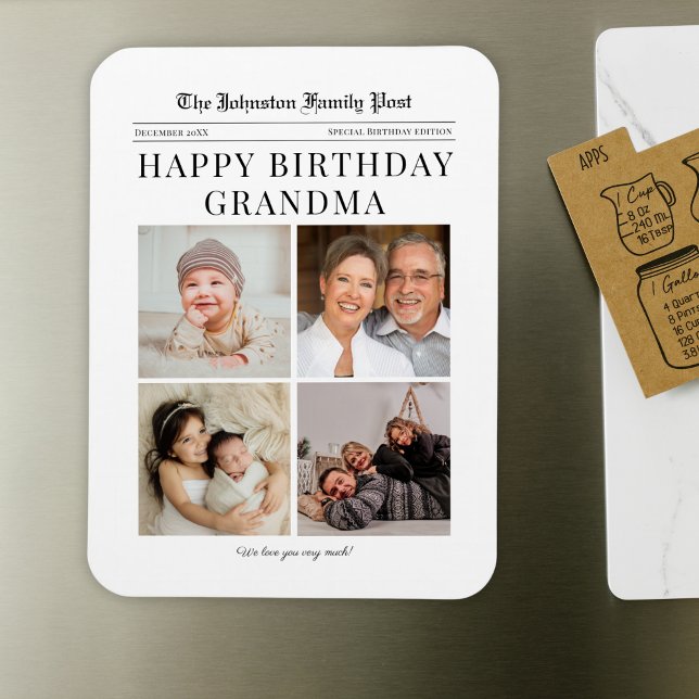 Imán Collage de fotos de cumpleaños de Fridge Magnet pa (Large custom fridge magnet with your custom family photos in a newspaper style grandma birthday gift)