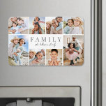 Imán Collage de fotos de familia de nombres personaliza<br><div class="desc">Este imán grande, sencillo y elegante, es una hermosa manera de mostrar recuerdos preciados. El diseño cuenta con espacio para ocho fotos, dispuestas en un borde alrededor de los bordes, manteniendo el foco en el texto significativo en el centro. En el centro, "Family" se muestra en una fuente serif clásica,...</div>