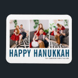 Imán Collage de fotos de tipografía azul Happy Hanukkah<br><div class="desc">¡Feliz Hanukkah! Celebra el alegre Festival de las Luces con nuestra foto de personalizable Hanukkah imán! Este imán festivo te permite mostrar tus recuerdos favoritos mientras le das un toque personal a tu decoración de vacaciones. Presenta una tipografía azul simple. Personalice agregando tres fotos, nombres, año y otros detalles. Un...</div>