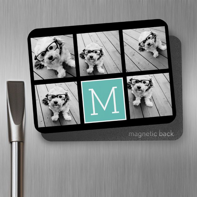 Imán Collage de fotos monograma - Hasta 5 fotos Negro (Personalized fridge magnet - add photos and custom text)