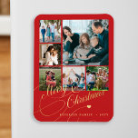 Imán Collage de fotos rojas de la Feliz Navidad<br><div class="desc">Elegante y elegante guión de caligrafía clásica de la faux navideña de oro seis fotos de familia imán de aguijón festivo rojo con tu personalizado de texto personalizado.</div>