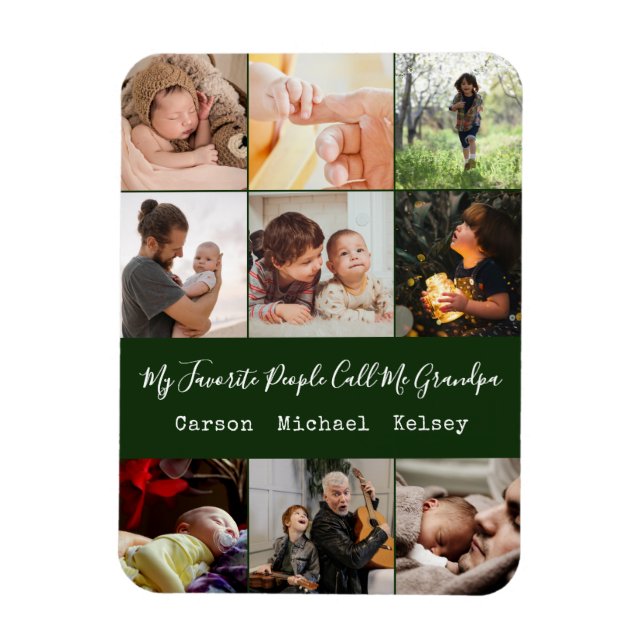 Imán Collage de fotos verde moderno 9 para el abuelo (Vertical)