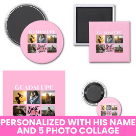 Imán Collage de fotos y el nombre de mamá rosado