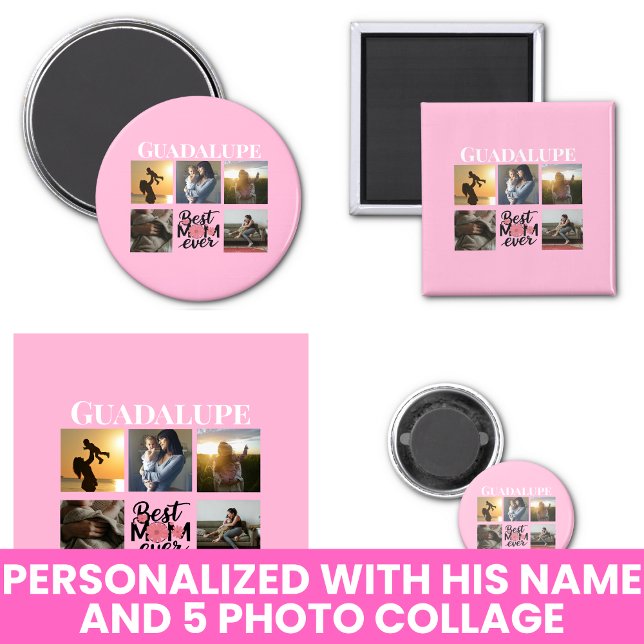 Imán Collage de fotos y el nombre de mamá rosado (Photo Collage and Mom's Name Pink Magnet
)