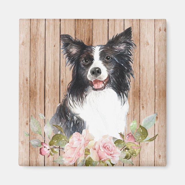 Imán Collie de frontera y flores en acuarela  (Frente)