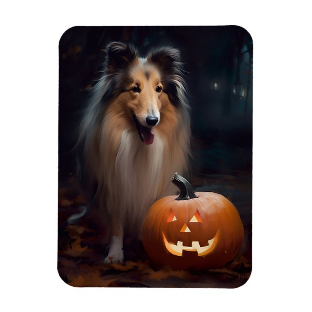 Imán Collie en masa de Halloween con calabazas aterrado (Vertical)