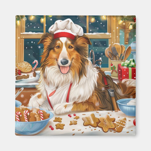 Imán Collie Holiday Baking: Navidades festivos (Frente)