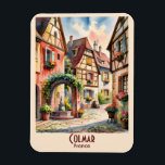 Imán Colmar France Alsace Watercolor Travel Custom Text<br><div class="desc">Colmar, France, Alsace village watercolor scene with half-timbered houses, flower boxes, old town lanes, and colorful European architecture. This artwork tells the story of a quiet walk through Colmar, where sunlight lands on red roofs, shutters open above the street, and a small fountain waits around the corner. What makes it...</div>