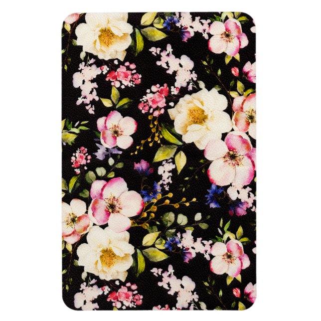 Imán Color de agua rosa Rozas amarillas fondo negro (Vertical)