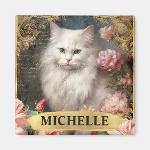 Imán Color de agua Vintage Gato blanco y rosas rosadas