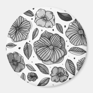 Imán Color de agua y flores de tinta - blanco y negro