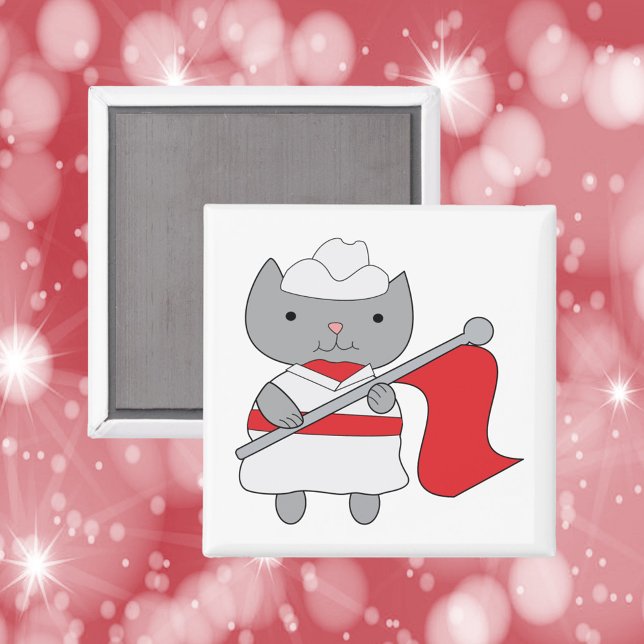 Imán Color Guard Cat Rojo Blanco (A magnet featuring a gray cat in a red and white color guard uniform.)