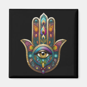 Imán Colores de Pavo Real Hamsa con Tercer Ojo de Oro