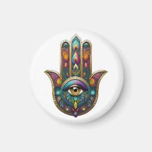 Imán Colores de Pavo Real Hamsa con Tercer Ojo de Oro