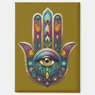 Imán Colores de Pavo Real Hamsa con Tercer Ojo Dorado
