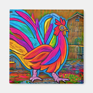 Imán Colorful Abstract Cartoon Barn Rooster
