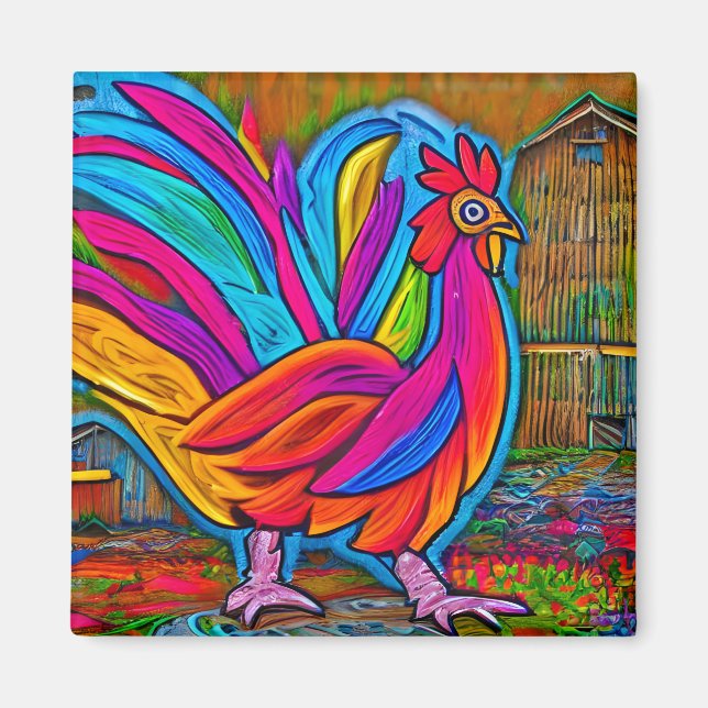 Imán Colorful Abstract Cartoon Barn Rooster (Frente)