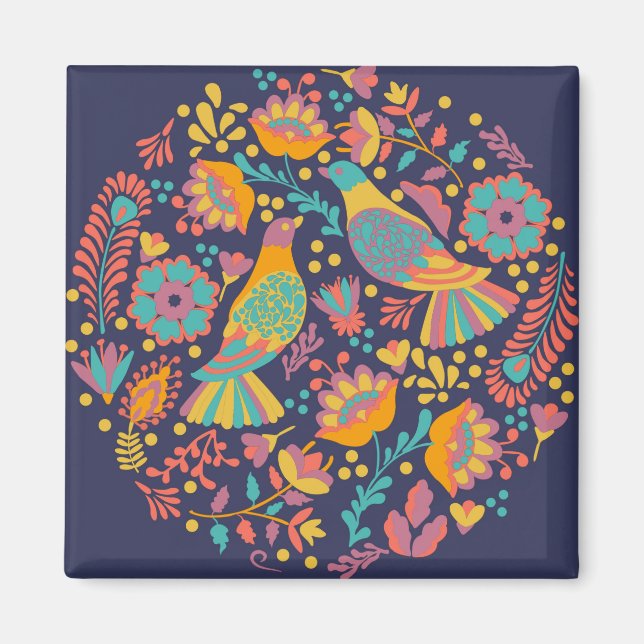 Imán Colorful Mexican Folk Art Birds and Flowers Blue (Frente)