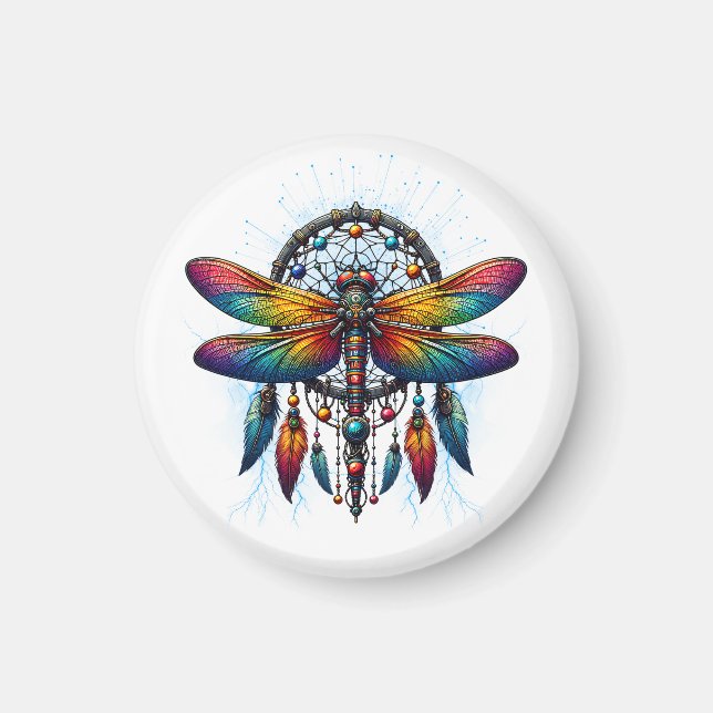 Imán Colorful Psychedelic Dragonfly Dreamcatcher Boho (Frente)