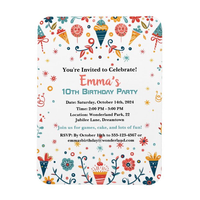 Imán "Colorida invitación al cumpleaños de Confetti (Vertical)