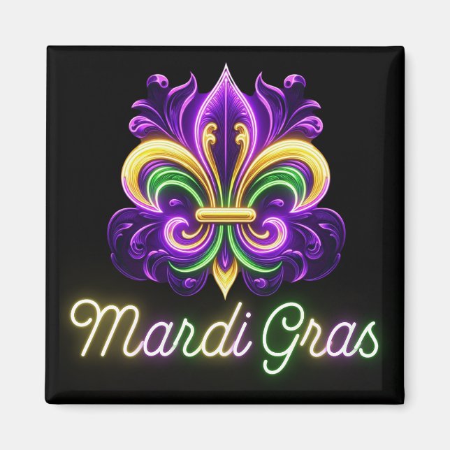 Imán Colorida Neon Mardi Gras Fleur de lis (Frente)