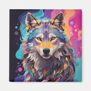 Imán Coloridos colores de neón de lobo gris