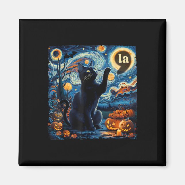 Imán Coma de gato negro de Halloween La Starry Night Ar (Frente)