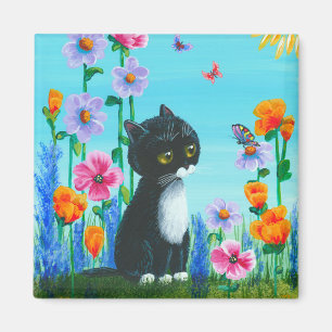 Imán Cómico gato Tuxedo Flores Creationarts