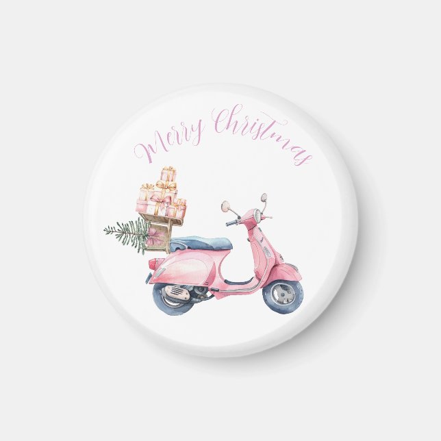 Imán Compras de Navidad en Scooter Rosa (Frente)
