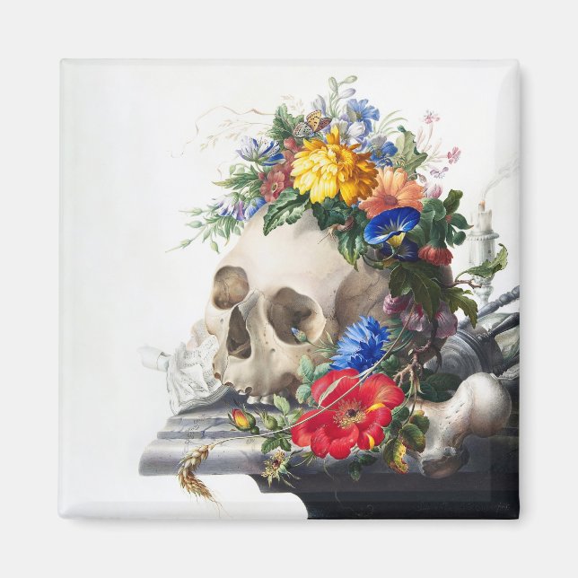 Imán con calavera y escena de flores. (Frente)
