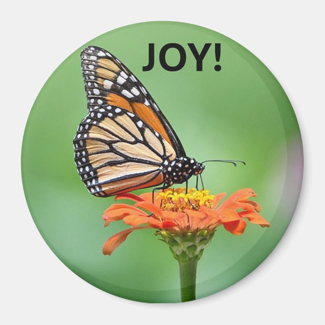 Imán con mariposa Monarca, flor y ¡ALEGRÍA! (Frente)