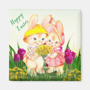 Imán Conejito de Pascua vintage adorable y flores de tu