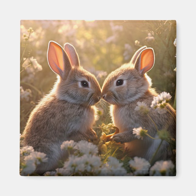 Imán Conejitos Adorables en Diseño de Prado de Primaver (Frente)