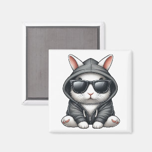 Imán Conejo blanco genial con capucha y gafas de sol