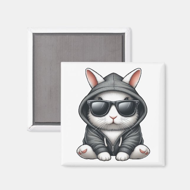 Imán Conejo blanco genial con capucha y gafas de sol (Anverso/Reverso)
