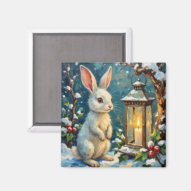 Imán Conejo Blanco Vintage con Linterna de Navidad (Anverso/Reverso)