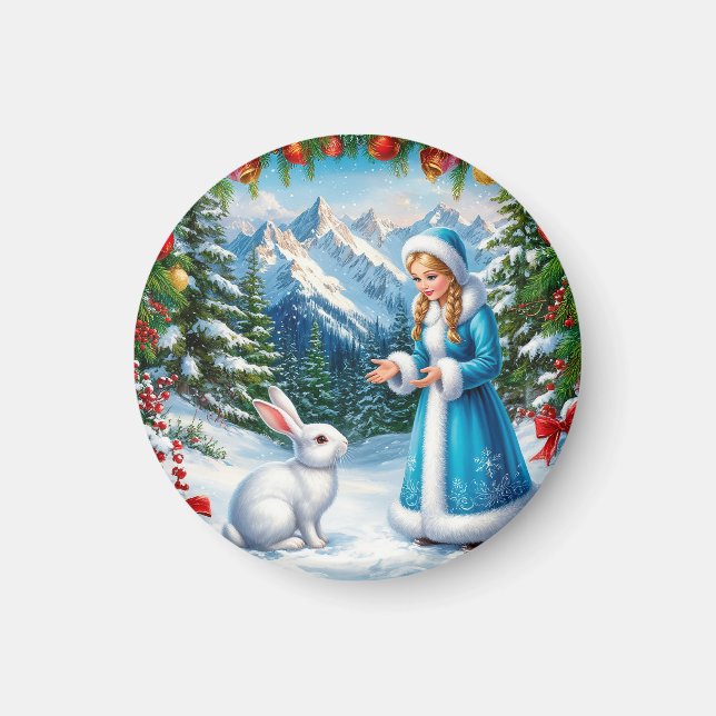 Imán Conejo Blanco y Doncella de Nieve en Bosque Invern (Frente)