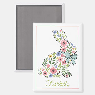 Imán Conejo de Pascua de flores silvestres rosadas y az