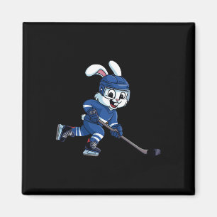Imán Conejo de Pascua Feliz Jugando Hockey sobre Hielo