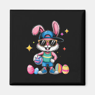 Imán Conejo Feliz de Pascua Jugando Voleibol Deporte Pa