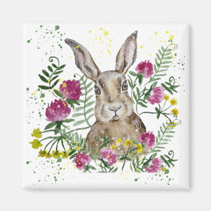 Imán Conejo lindo en flores acuarelas