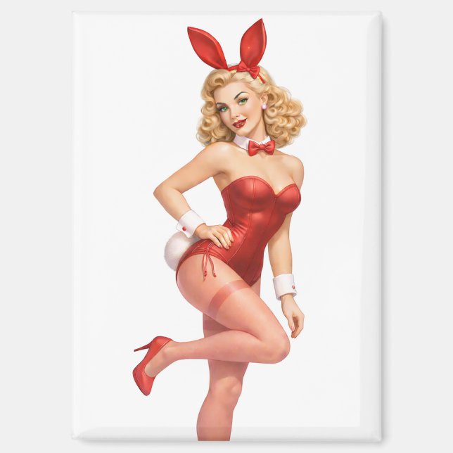 Imán Conejo Retro de San Valentín Chica Pin-Up (Anverso)