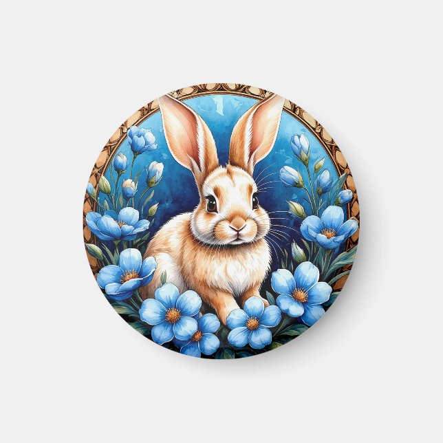 Imán Conejo rodeado de flores azules (Frente)