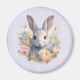 Imán Conejo rodeado de flores pastel Lindas