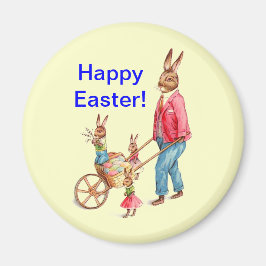 Imán Conejo vintage de Pascua y familia en carrito de h