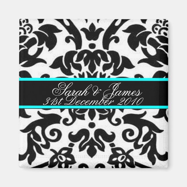 Imán conjunto de bodas blanco negro y aqua Damask (Frente)